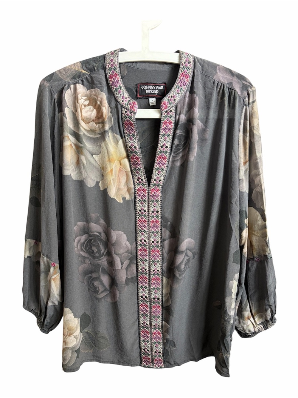 Johnny Was Workshop Silk Floral Embroidered Boho Blouse Size Small